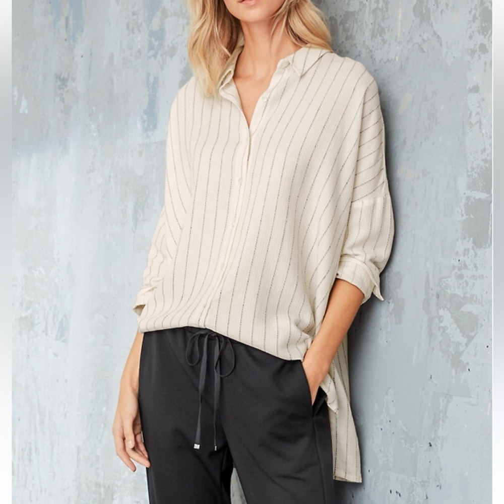 Eileen Fisher Striped Gauze Relaxed Tunic Shirt Ecru Black S/M Casual Lagenlook